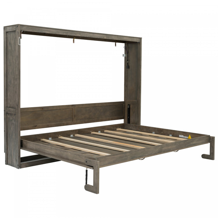 Lit escamotable Olivia en bois massif avec lumiere LED et armoire pliante, taille queen, marron