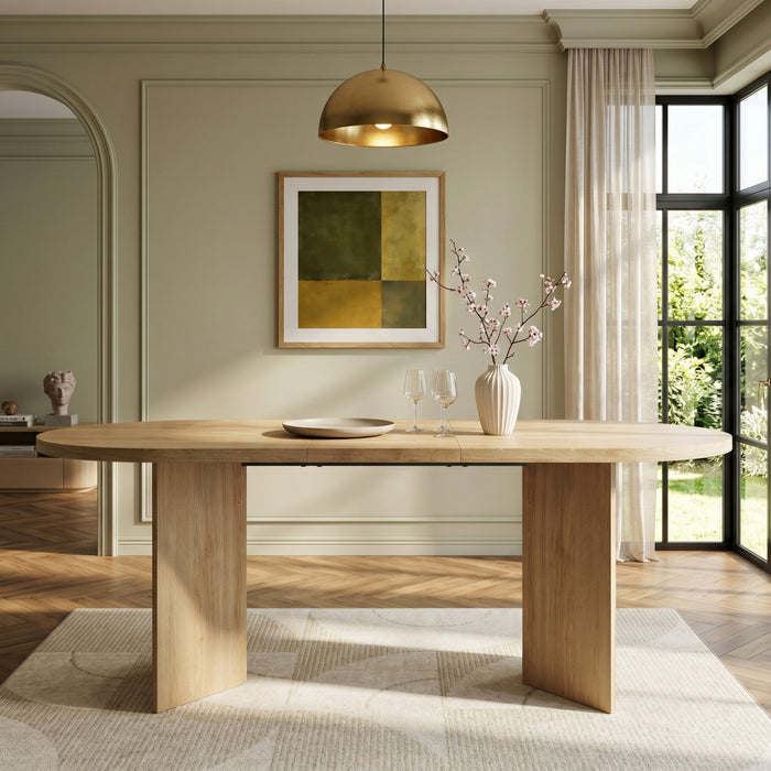 Ovalux Table a Manger Ovale Moderne 79 po avec Base a Double Piedestal et Finition Bois, Chene