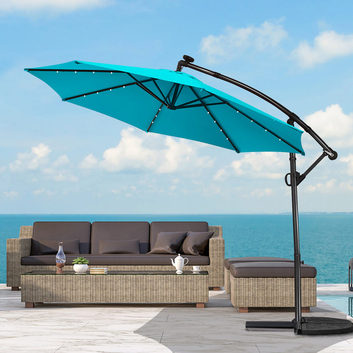 Costway Parasol deporte de patio de 10 pieds, alimente par energie solaire, LED, rotation a 360 degres, aluminium, turquoise