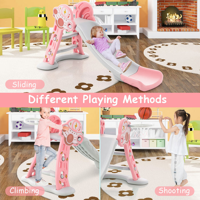 Costway 3-en-1 Enfants Coulisse Interieure Avec Cercle De Basket-ball Et Basket-ball, Zone Tampon Sure Rose