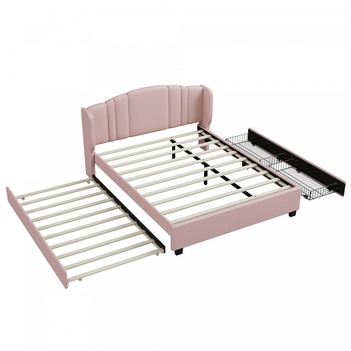 Lit plateforme Jean rembourre avec tete de lit a oreilles et tiroirs de rangement, taille queen, rose