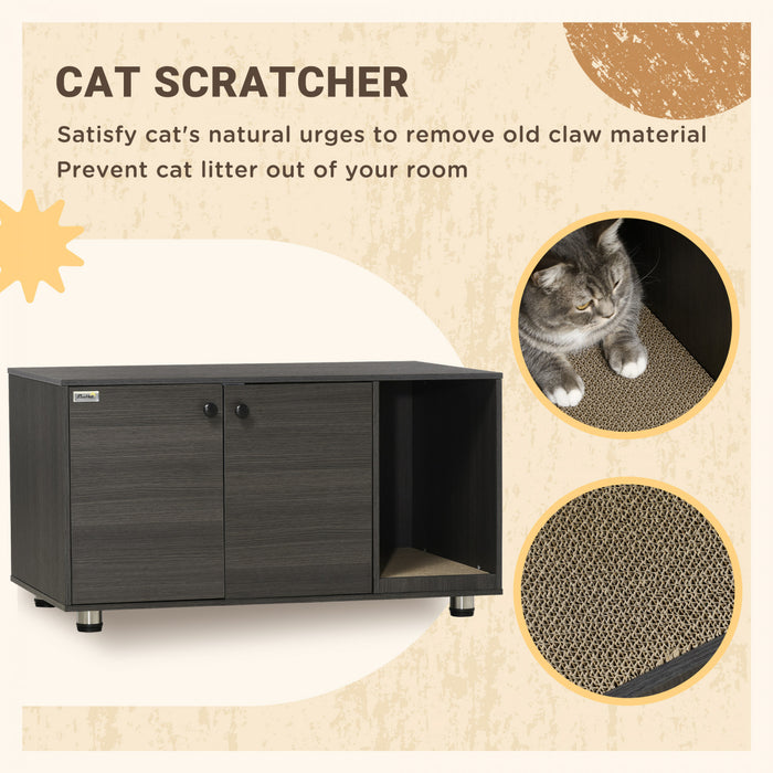 Pawhut Boitier De Litiere Pour Chat, Meuble De Toilette Cache Industriel Pour Chat, Table D'extremite Avec Double Porte Et Tapis A Gratter Pour Le Salon, La Chambre A Coucher, Le Couloir, Noir