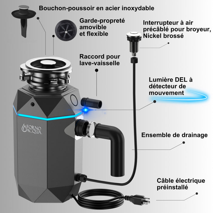BrightDIAMOND 3/4 HP Broyeur ultra-silencieux, DEL sous armoire, cordon/interrupteur, Noir-WDD075TA1BO