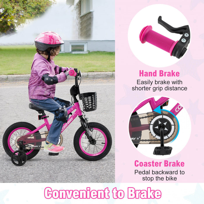 Costway 14\" Velo Pour Enfants Avec Roues D'entrainement Guidon Reglable Et Frein A Main De Siege Rose