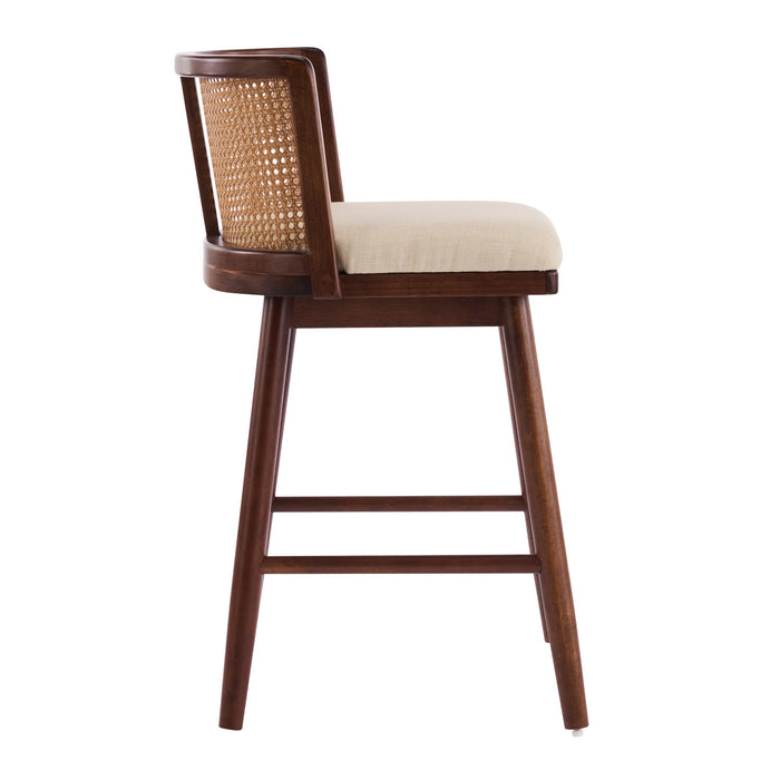 Talia – Lot de 4 tabourets de bar de hauteur comptoir en bois avec dossier en rotin, finition noyer