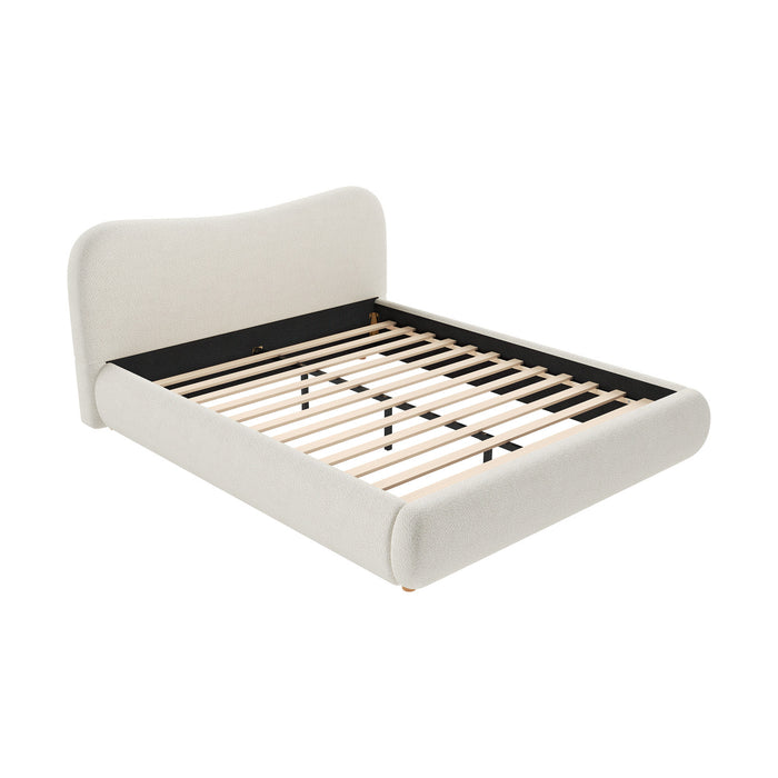 Lit plateforme Camille avec tete de lit incurvee et tapissage boucle luxueux, taille Queen, blanc