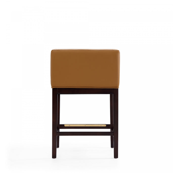 Tabouret de comptoir Kingsley style milieu du siecle en bois et tissu, coloris camel - Lot de 3