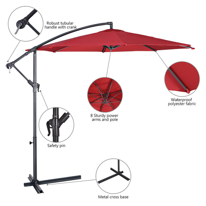 Costway Parasol suspendu 10' pour patio, ombre solaire decalee avec base T Croix Marche Bourgogne