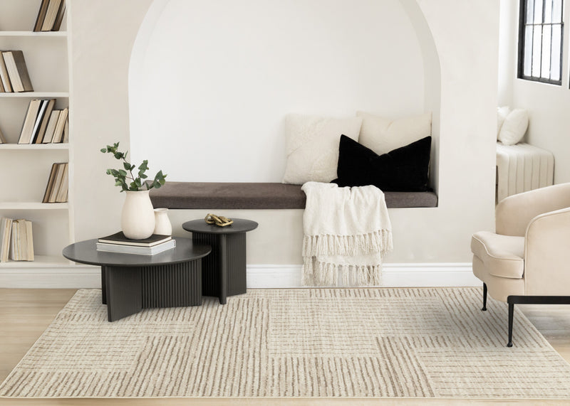 Tapis Florence Brown Cream a motif geometrique a lignes lineaires, 6'7\" x 9'6\"
