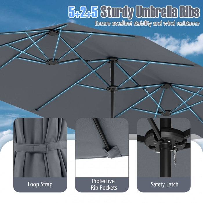 Costway Parasol de patio extra-large de 15,5 pieds avec lumieres solaires LED et 12 baleines robustes gris