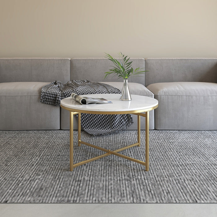 Gilded Table Basse Ronde avec Plateau en Marbre Blanc