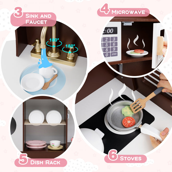 Honeyjoy Jeu De Cuisine Pour Enfants Jeu De Cuisine En Bois Avec Horloge, Micro-ondes, Evier, Plateau Brun
