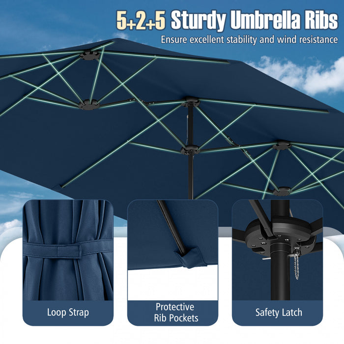 Costway Parasol de patio extra-large de 15,5 pieds avec lumieres solaires LED et 12 baleines robustes bleu marine