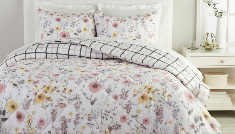 Ensemble Douillette Simple Mirabelle - Literie Reversible a Fleurs Aquarelle Rose et Gris 
