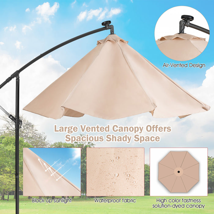 Costway Parasol cantilever 10FT solaire avec 32 LED eclairees pour terrasse, exterieur, beige