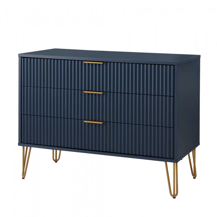 Commode moderne Dumbo 35\" a cannelures en bleu minuit (3 tiroirs)