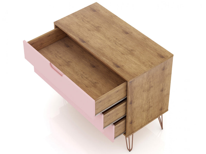 Commode Rockefeller Mid-Century Modern 89 cm en rose (3 tiroirs) – Lot de 2