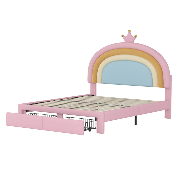 Lit Princesse Arc-en-ciel Maggie Tapisse Avec Tiroir De Rangement Et Cadre Plateforme En Velours, Taille Full, Rose