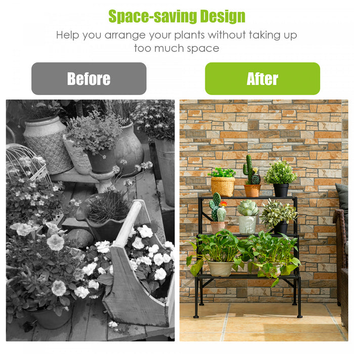 Support Pour Plantes En Metal 3 Niveaux, Support Pour Pots De Fleurs Avec 3 Etageres Ouvertes, Pieds Antiderapants Et Structure Metallique Robuste, Support Decoratif Pour Plantes Pour Jardin, Balcon, Terrasse, Montage Facile