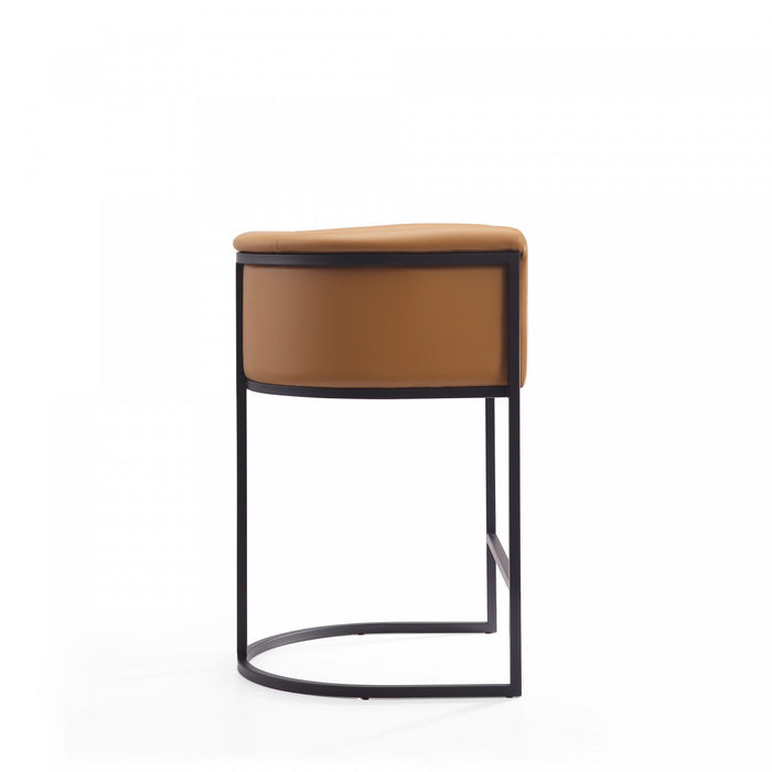 Tabouret de comptoir moderne du milieu du siecle en metal et tissu, coloris camel - Lot de 3