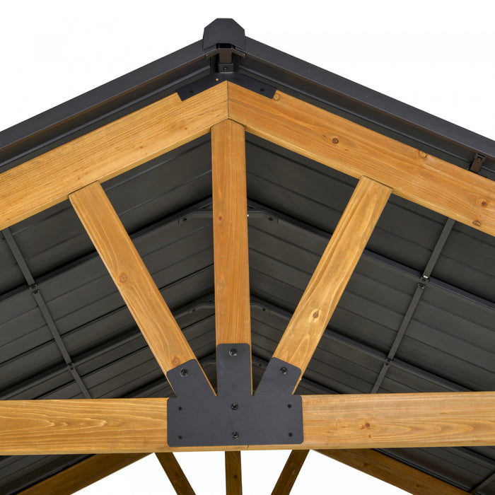 Outsunny 13' X 11' Gazebo En Bois Auvent Exterieur Pare-soleil Abri Avec Toit En Acier, Bois Massif, Noir Et Naturel