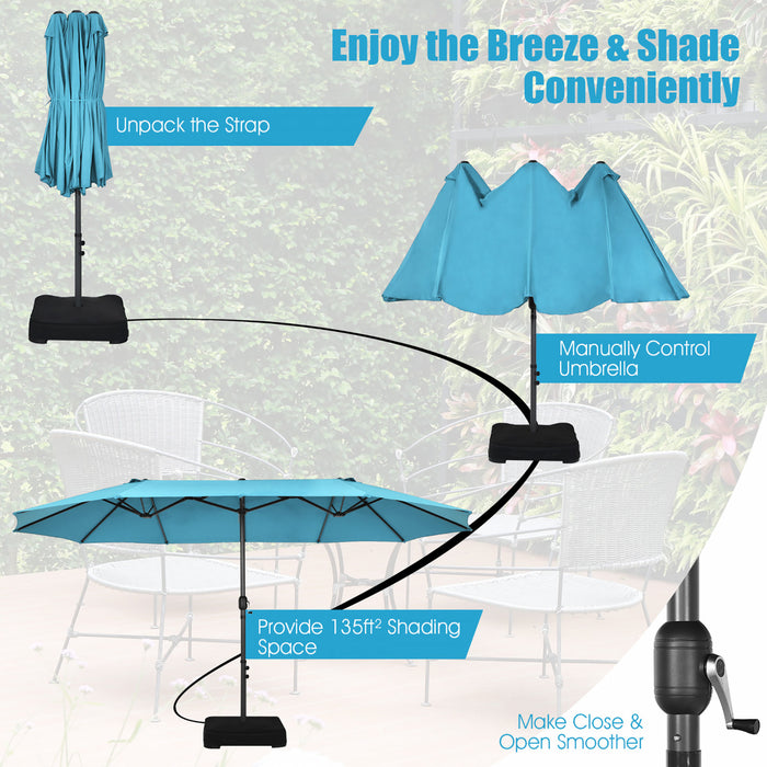 Parasol de patio jumeau double face Costway de 15 pieds, ombrage exterieur, manivelle et marche turquoise