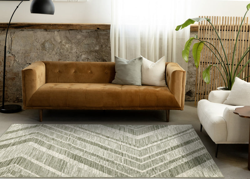 Tapis Florence vert et blanc a motif chevron vieilli, 7'9\" x 10'6\"