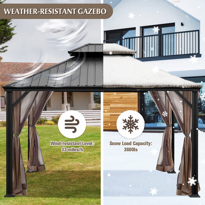 Costway 12ft X 10ft Hardtop Gazebo Exterieur A 2 Niveaux En Acier Galvanise Canopy Brun