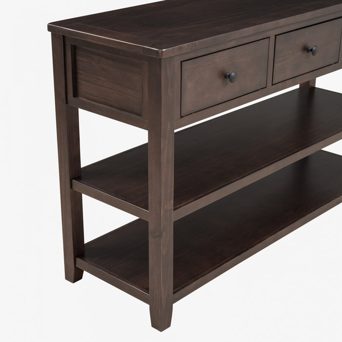 Console Wendy En Bois Massif Avec 3 Tiroirs Et 2 Etageres Ouvertes, Espresso