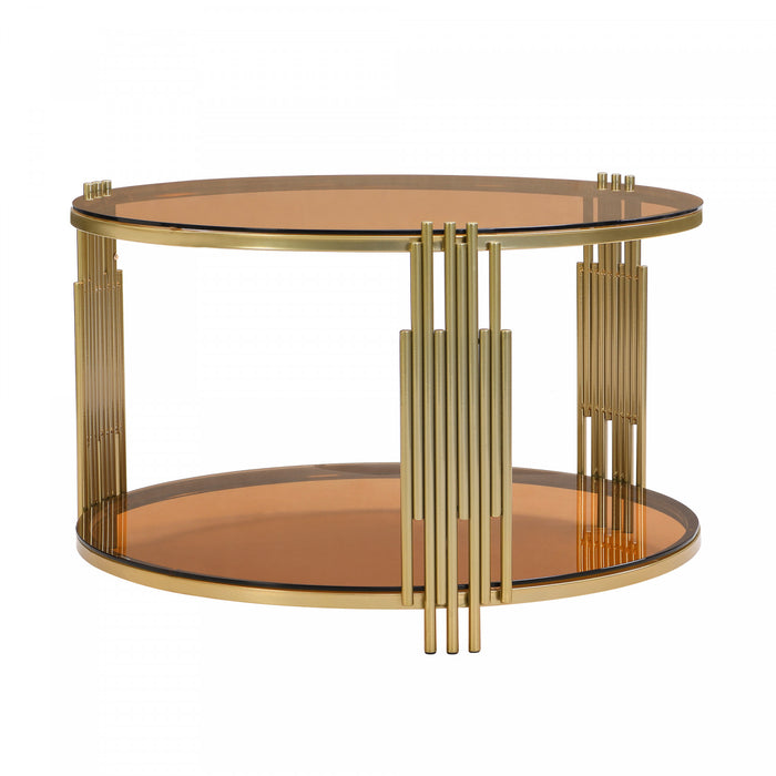 Table Basse Ronde Jonas De 31,5\" En Verre Trempe Avec Etagere Inferieure, Marron