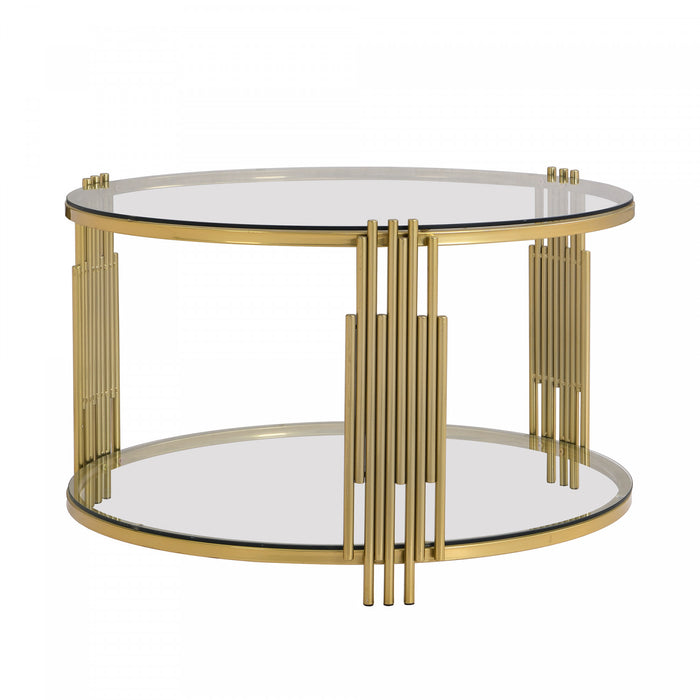 Table Basse Ronde Jonas De 31,5\" En Verre Trempe Avec Etagere Inferieure, Transparente