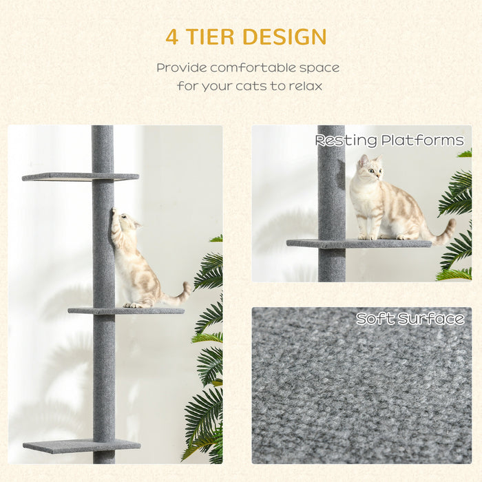 Pawhut 100\" Arbre A Chat Du Sol Au Plafond Avec 3 Perchoirs Centre D'activites Pour Chatons Cat Tower Furniture Gris