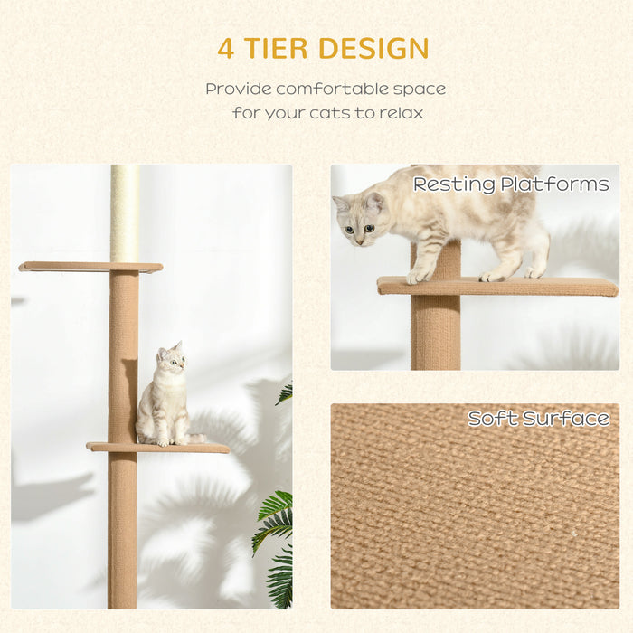 Pawhut 100\" Arbre A Chat Du Sol Au Plafond Avec 3 Perchoirs Centre D'activites Pour Chatons, Marron