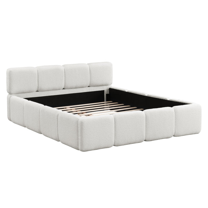 Lit plateforme Aiden avec cadre rembourre de soutien en tissu boucle, taille Queen, blanc