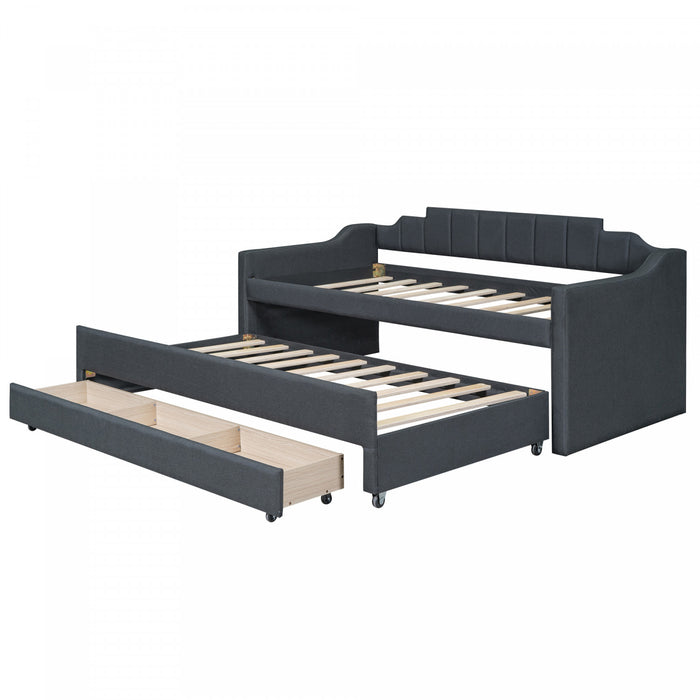 Hogan – Lit De Jour Rembourre En Tissu Aspect Lin Avec Lit Gigogne Et Tiroirs De Rangement, Format Simple, Gris