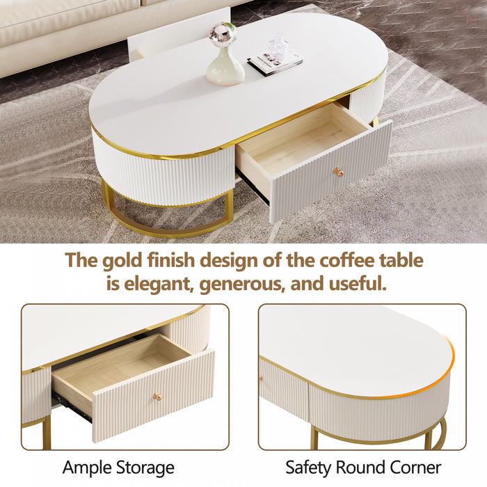 Table Basse Ovale Edison De 47,2\" En Bois Composite Avec Tiroirs De Rangement, Blanche