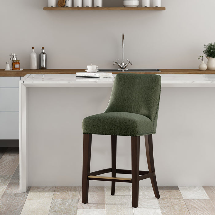 Tabouret de comptoir moderne en chenille Beever avec structure en bois, vert foret