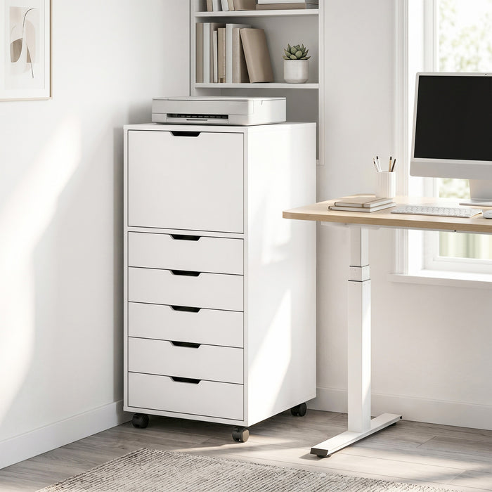 HOMCOM Classeur vertical 5 tiroirs avec roulettes verrouillables Blanc