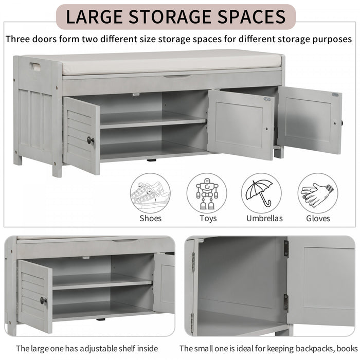 Banc De Rangement Olivia En Pin Avec Meuble A Chaussures 3 Portes Et Compartiment Cache, Gris Patine