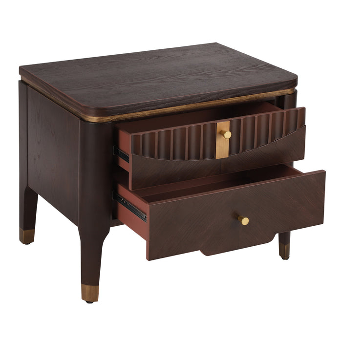 La table de nuit moderne Liam avec design en vague et 2 tiroirs de rangement, couleur brun fonce