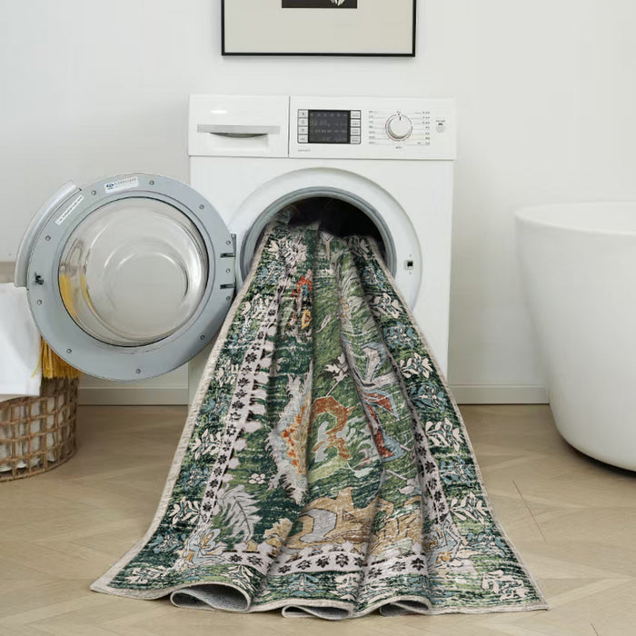 Aqua Flammes Verte Tapis Lavable Et Antiderapant A Poils Ras 5'x7'