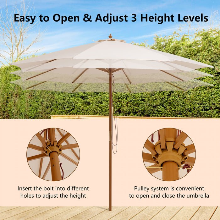 Parasol de marche de patio en bois de 10 pieds avec poulie et 8 baleines en bambou, toile d'ombrage