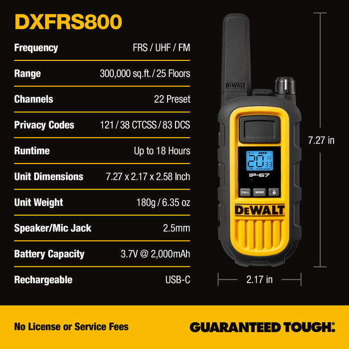2 talkies de chantier Dewalt DXFRS800 plus écouteurs - 2 watts, robuste, longue portée, radios bidirectionnelles intérieures-extérieures + 22 canaux