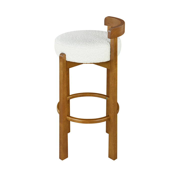 Elise – Lot de 2 tabourets de bar modernes a assise ronde en bois d’hevea avec dossier incurve de soutien et revetement en sherpa, couleur blanche