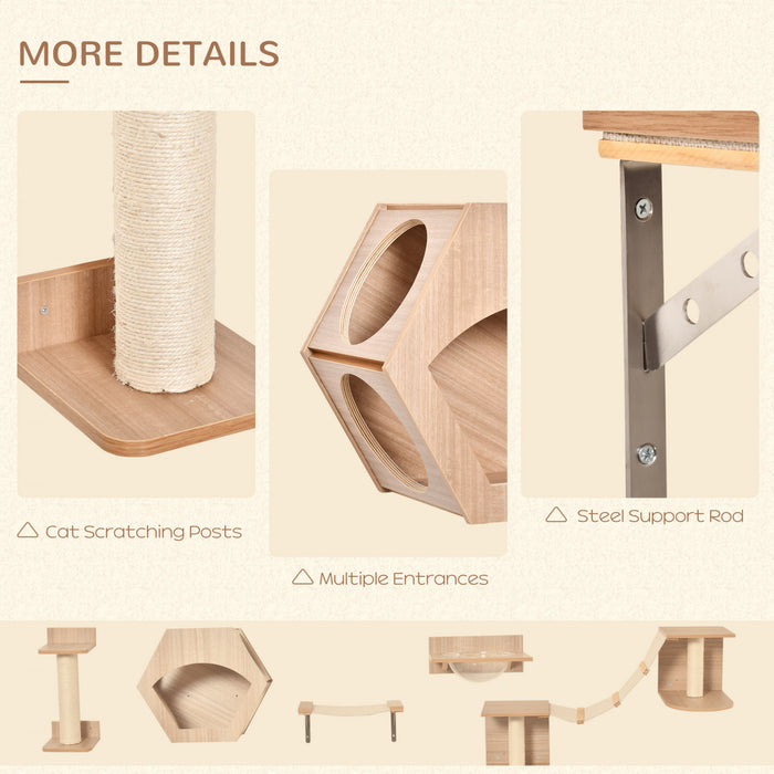 Pawhut Ensemble D'etageres Pour Chats 5 Pieces Echelle Escalier Escalade Chats Mural Avec 2 Hamacs Griffoir Plate-forme De Saut Et Niche Multicentres D'activite