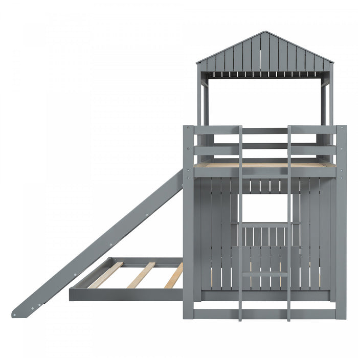 Lit Superpose Marico En Bois Massif, Taille Simple En Haut Et Double En Bas, Avec Toboggan, Design Maison De Jeu, Gris