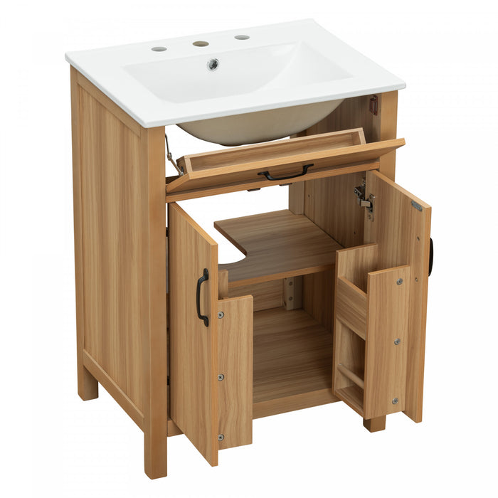 Meuble de salle de bain en bois moderne Nolan 24 pouces avec lavabo ceramique et rangement, brun