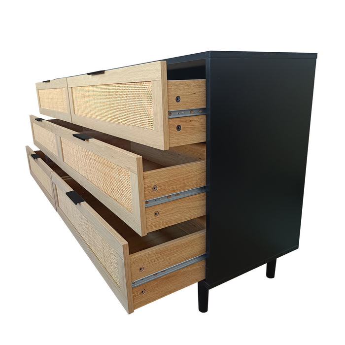 Meuble de rangement moderne Mila a 6 tiroirs en rotin avec structure en bois manufacture, noir, 150 cm