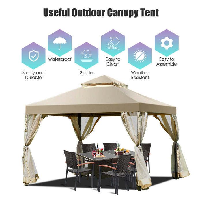 Costway 2-tier 10’x10’ Gazebo Abri Auvent Tente Patio Jardin Structure Sans Vis Brun