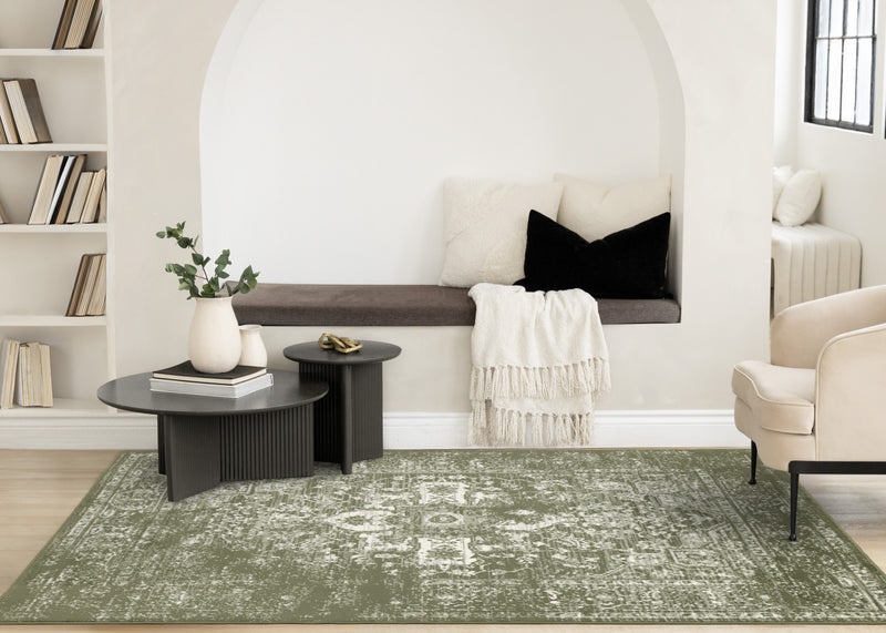 Tapis Florence vert et blanc elegant et classique, 5'3\" x 7'4\"